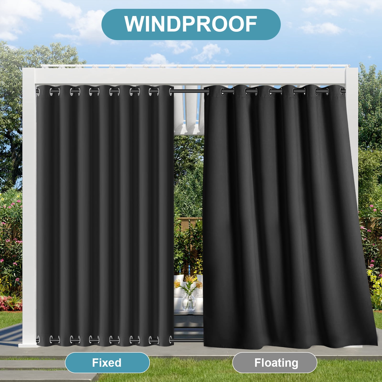 DONGPAI 100" Wide Outdoor Curtains for Patio Waterproof Blackout Privacy UV Resistant with Top and Bottom Grommet for Porch, Gazebo, Pergola, 100"x 84", Black, 1 Panel