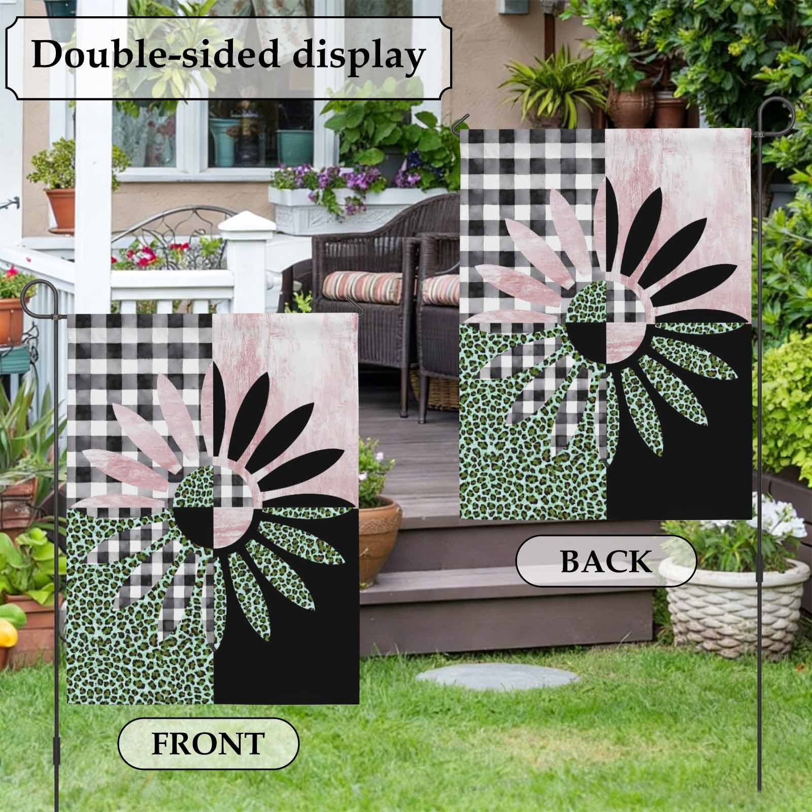 Daisy House Flag 28 x 40 Inches, Black White Buffalo Check Leopard Black Pink Weather Proof Outdoor Patio Flags Double Sided Small House Decoration for Yard Lawn Outside Home