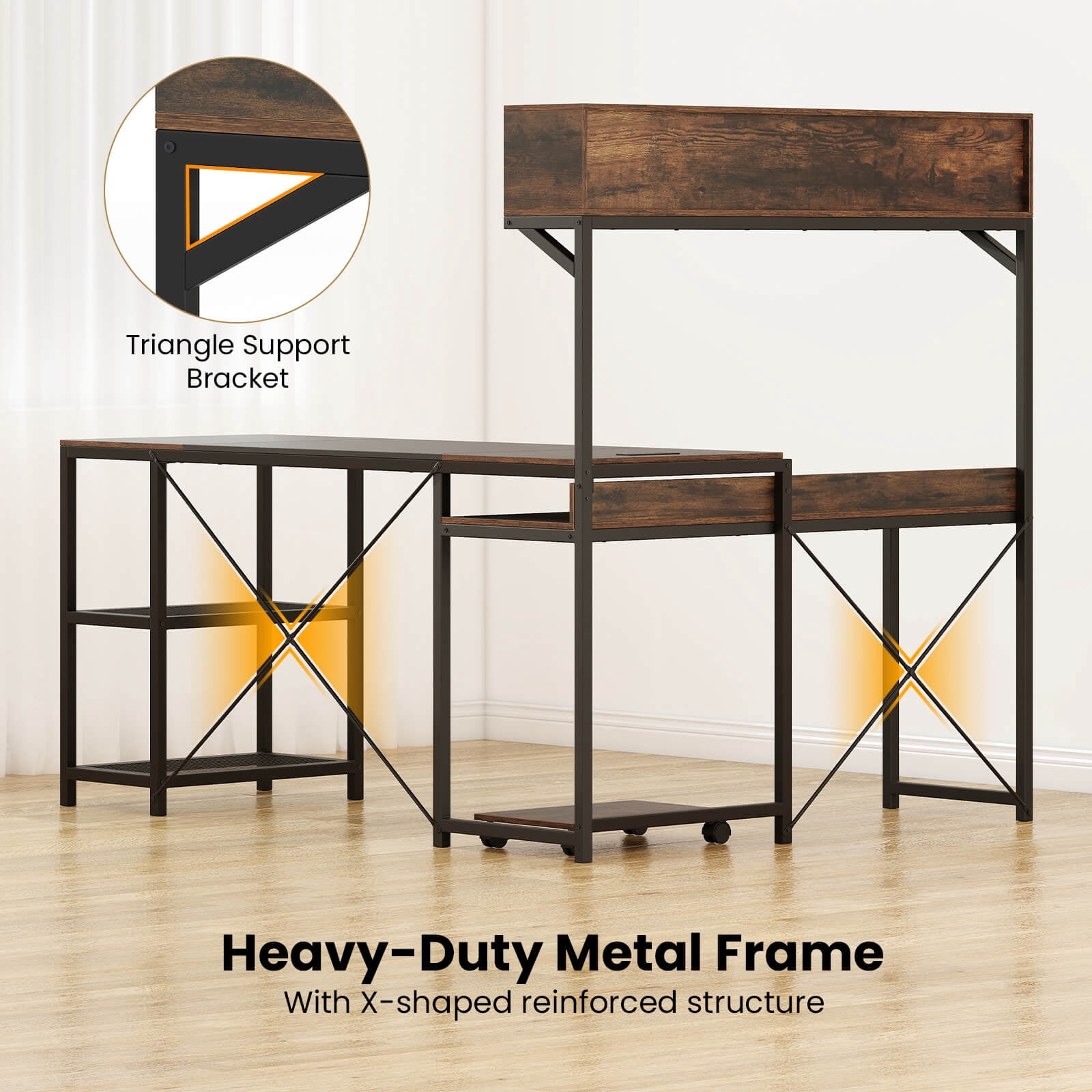 Costway L-Shaped Computer Desk with Power Outlets, 62” Corner Desk with Storage Hutch