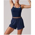 thumbnail image 4 of PISONIC Women 2 Piece Summer Workout Set, Double Strap Contrast Lined Crop Cami Tank & Drawstring Loose Athletic Shorts, Breathable Nude-Feel Yoga Running Tennis Activewear Outfit, 4 of 6