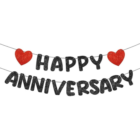 Happy Anniversary Banner Glitter Happy Anniversary Decorations Wedding Party Banner Romantic Decorations No DIY Pre-strung for Wedding Party Birthday Door(Black)