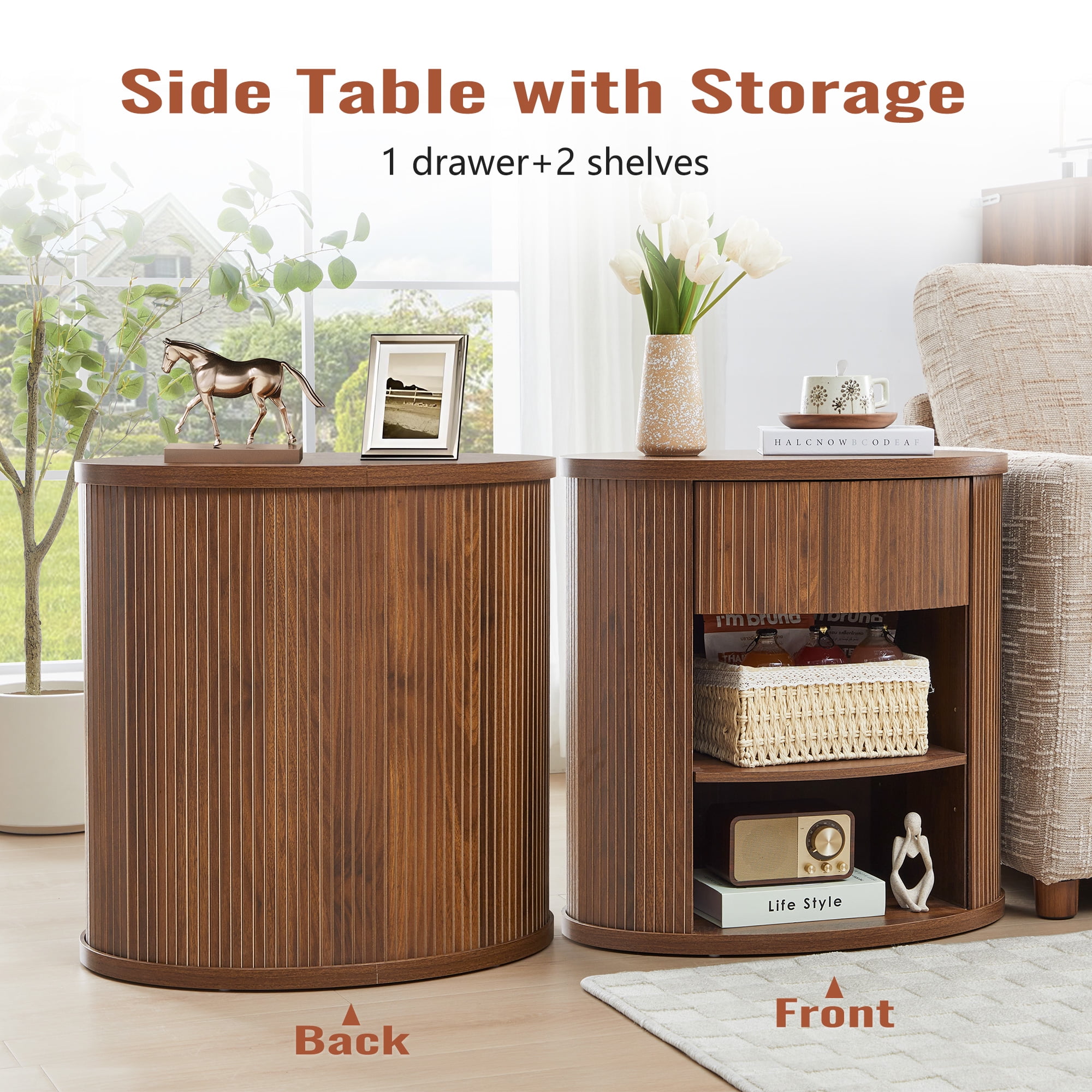 YOCWO Oval Nightstand with 1 Drawer and Adjustable Shelf for Bedroom with Carved Line Design, Round End tables for Living Room, Walnut