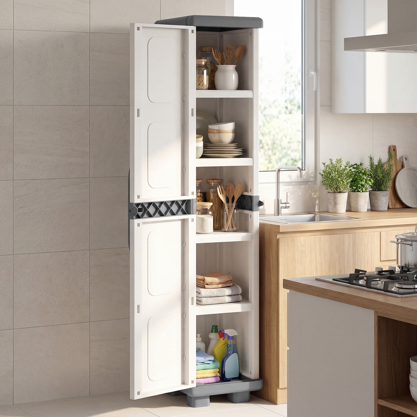 Costway Slim Storage Cabinet with Single Door, Plastic Kitchen Pantry with 4 Shelves Gray and White