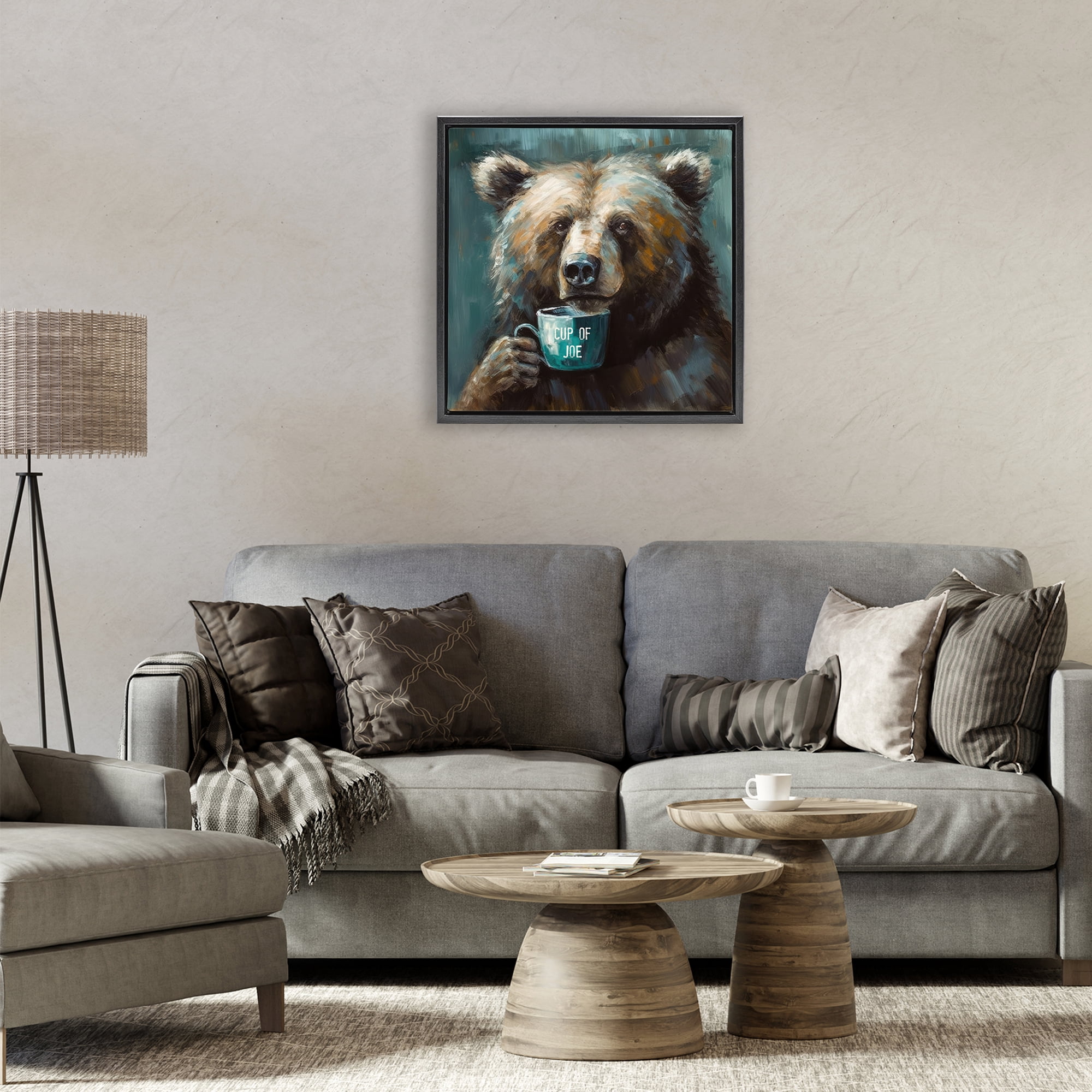 Stupell Industries Bear with Cup Of Joe Black Framed Floater Canvas Wall Art, design by Tina LeCour