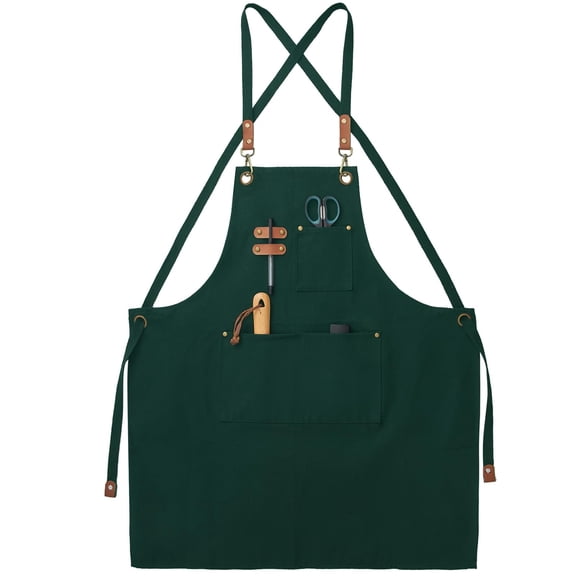 FunChaos Canvas Chef Aprons for Men Women, Adjustable Strap Aprons with 3 Pockets for Kitchen Grilling, Cooking, Green