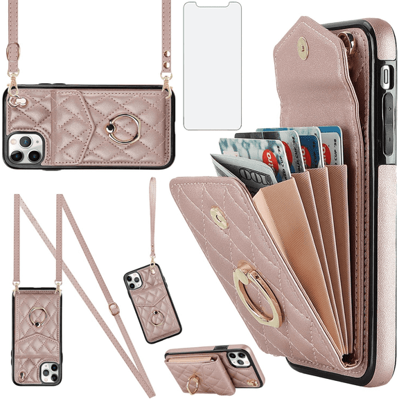 Asuwish Wallet RFID Blocking PU Leather Cell Phone Case with Tempered Glass Screen Protector, Wrist Strap for iPhone 11 Pro Max, Rose Gold