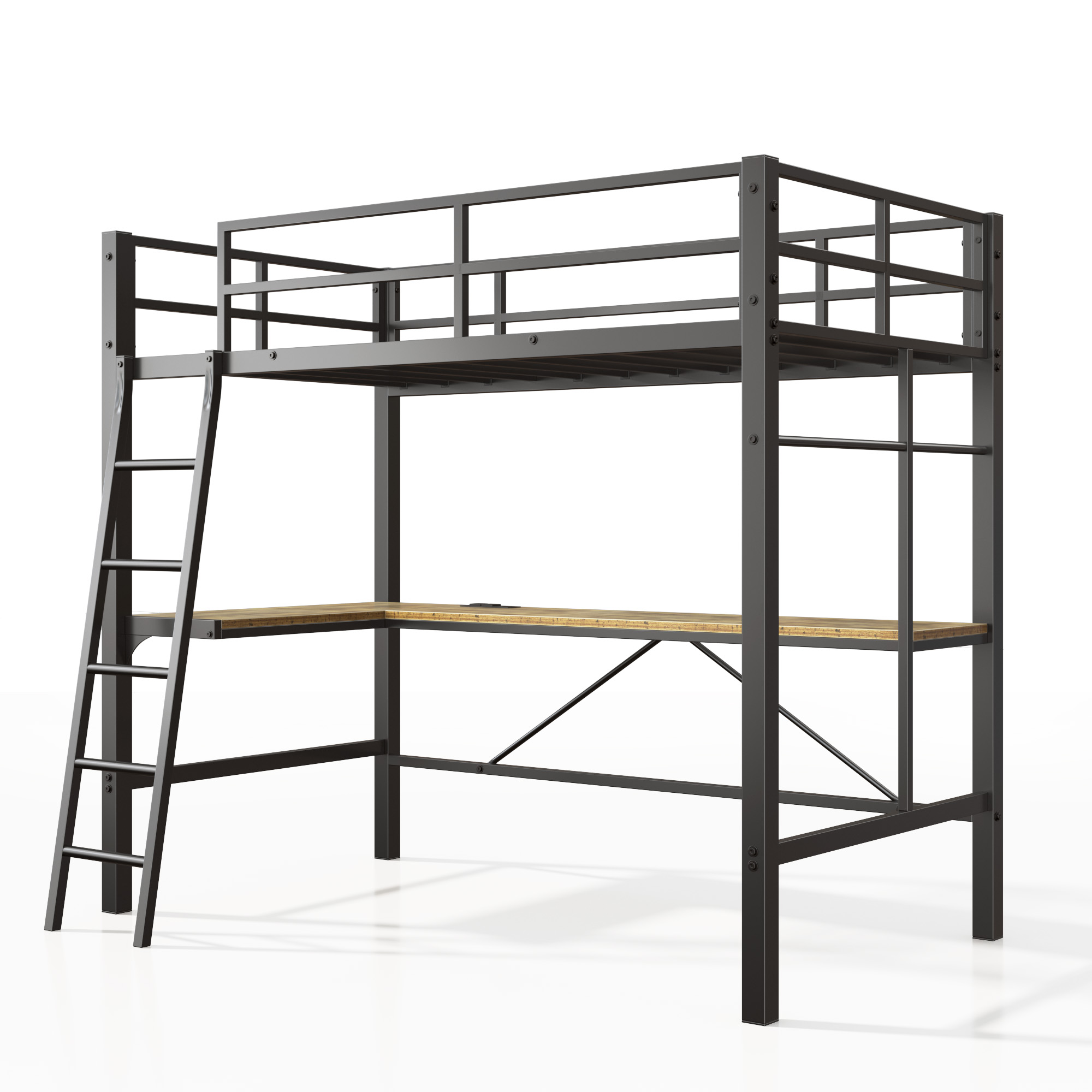 Twin Loft Bed with Desk, Metal Loft Bed Frame with Ladder and Charging Station, Full-Length Guardrails and Sloped Staircase, 400 Lbs Capacity, No Box Spring Needed for Kids Bedroom, Black