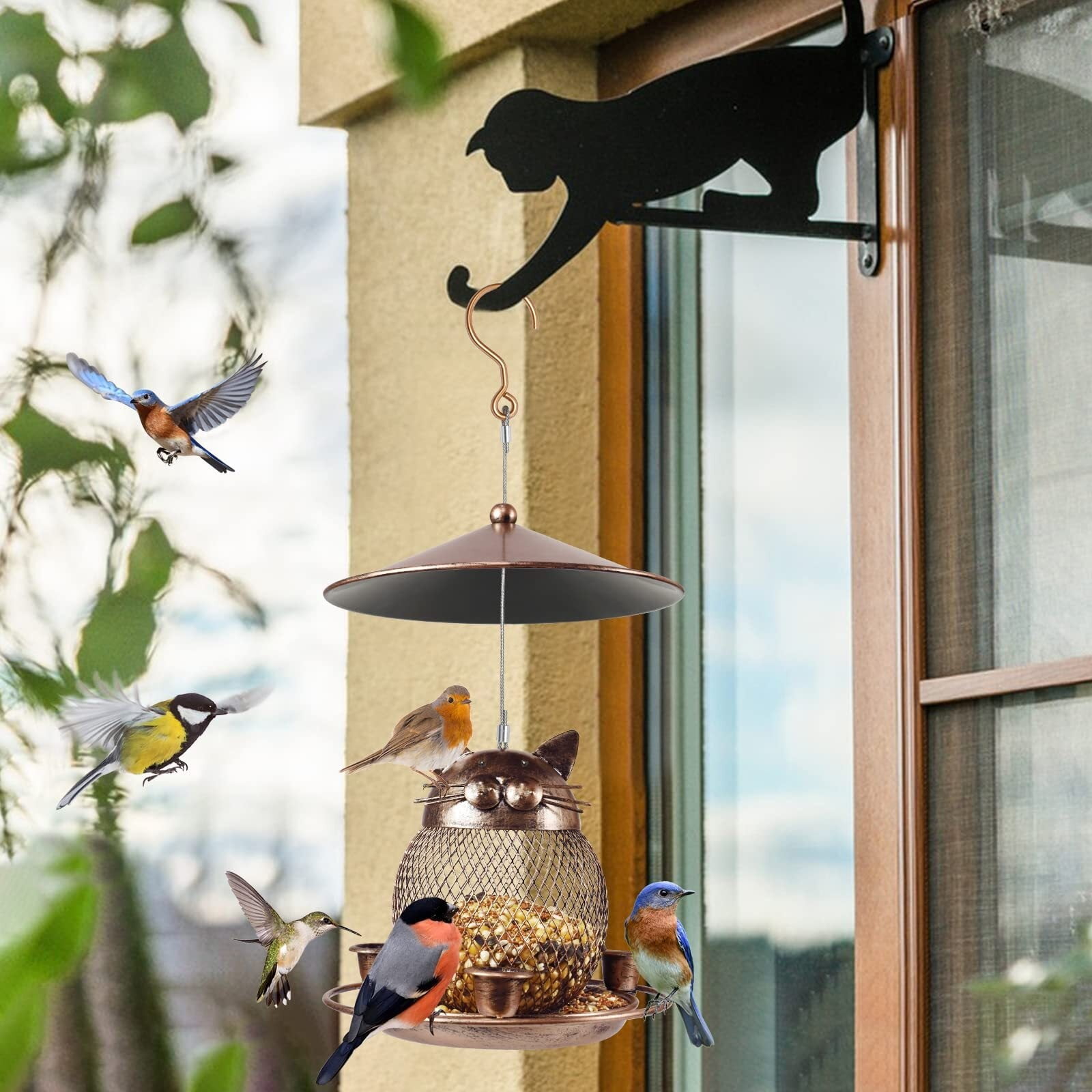 Bird Feeder for Outdoor, Squirrel Proof Metal Wild Bird Feeder Decoration for Hanging Outside Garden Yard, Cute Cat-Shaped