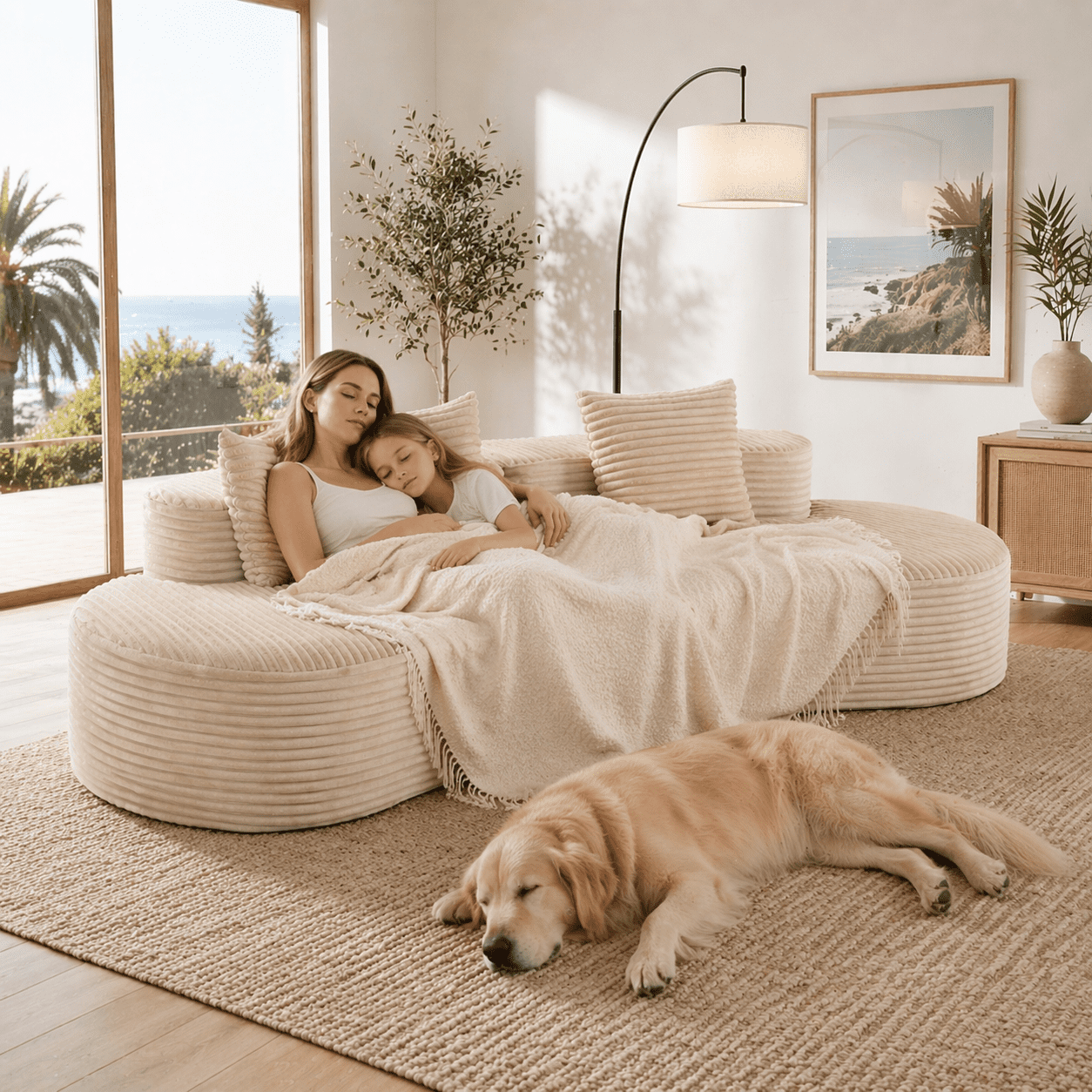 110.24 Inch Fully Compressed Sofa, Corduroy 2-Seater Couch with 2 Lumbar Pillows, Cozy Deep Seat Upholstered Cloud Sofa for Living Room Bedroom No Assembly Needed, Beige