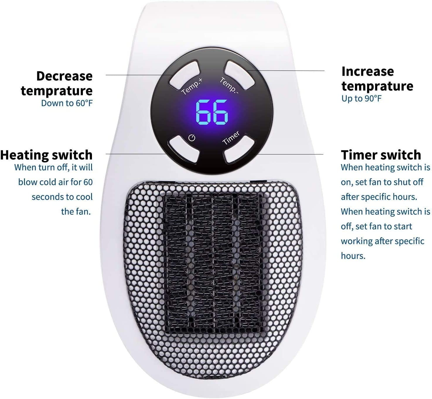 Yazoo Electric 500W Wall Outlet Heater, Programmable Space Heater with LED  Display, Wall Outlet Electric Heater with Adjustable Thermostat and Timer  for Home Office Bathroom Indoor Use - Walmart.com