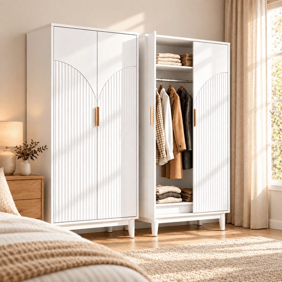 Ktaxon 2 Door Fluted Wardrobe Armoire Closet with Hanging Rod, Modern Drawer Dresser Shelf Elegant White Finish Closet, Farmhouse to Mid-Century Style