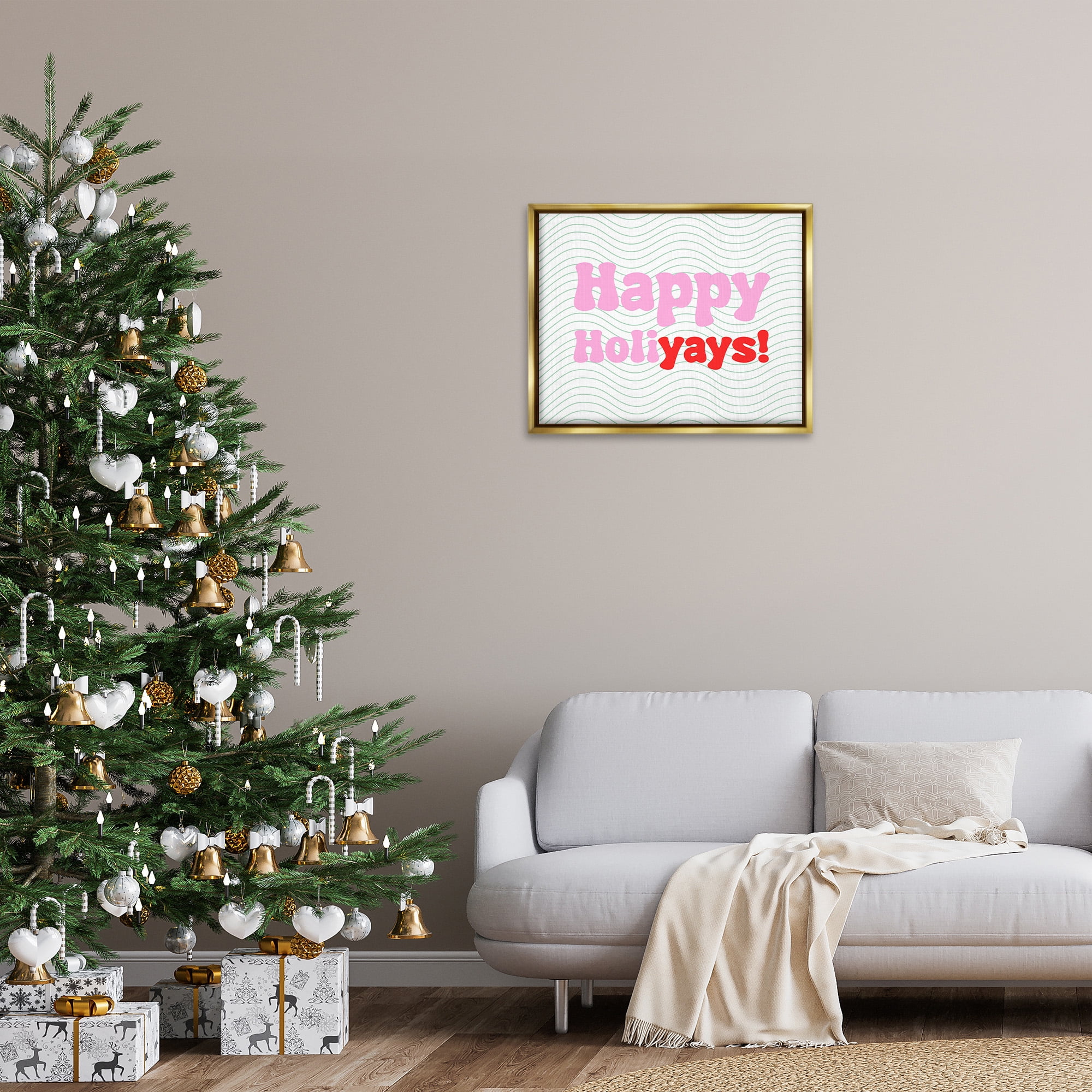 Stupell Industries Happy Holiyays Patterned Holiday Painting Gold Floater Framed Canvas Art Print Wall Art, 31 x 25