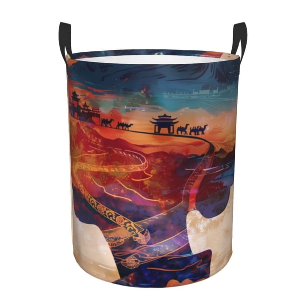 Fotbe Cultural Silhouette Journey Cesto de Ropa con Asas, Cesto Impermeable de Gran Capacidad, Bolsa de Lavado para Dormitorio, Cesto de Ropa con Ruedas y Asas-Medium