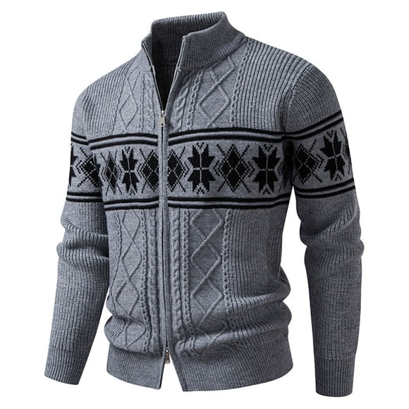LUOGENLI Mens Sweaters Cardigan Grey Jacquard Knit Sweater Coat Autumn Winter Stand Collar Warm Textured Pattern Pullover Outerwear for Casual Style Mens Sweaters Cardigan Wool Grey Size M