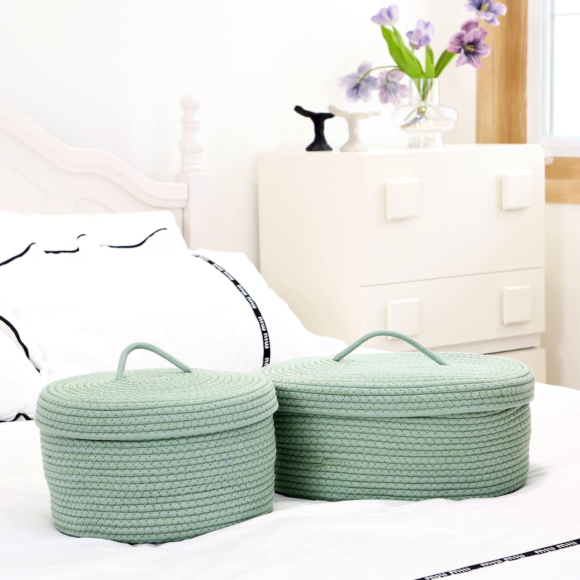 Sea Team Oval Cotton Rope Storage Basket with Lid, Lidded Woven Storage Bin, Nursery Storage Container, Diaper Caddy, Baby Shower Basket, Box, Organizer, 15 x 11 x 6.5 Inches, Green
