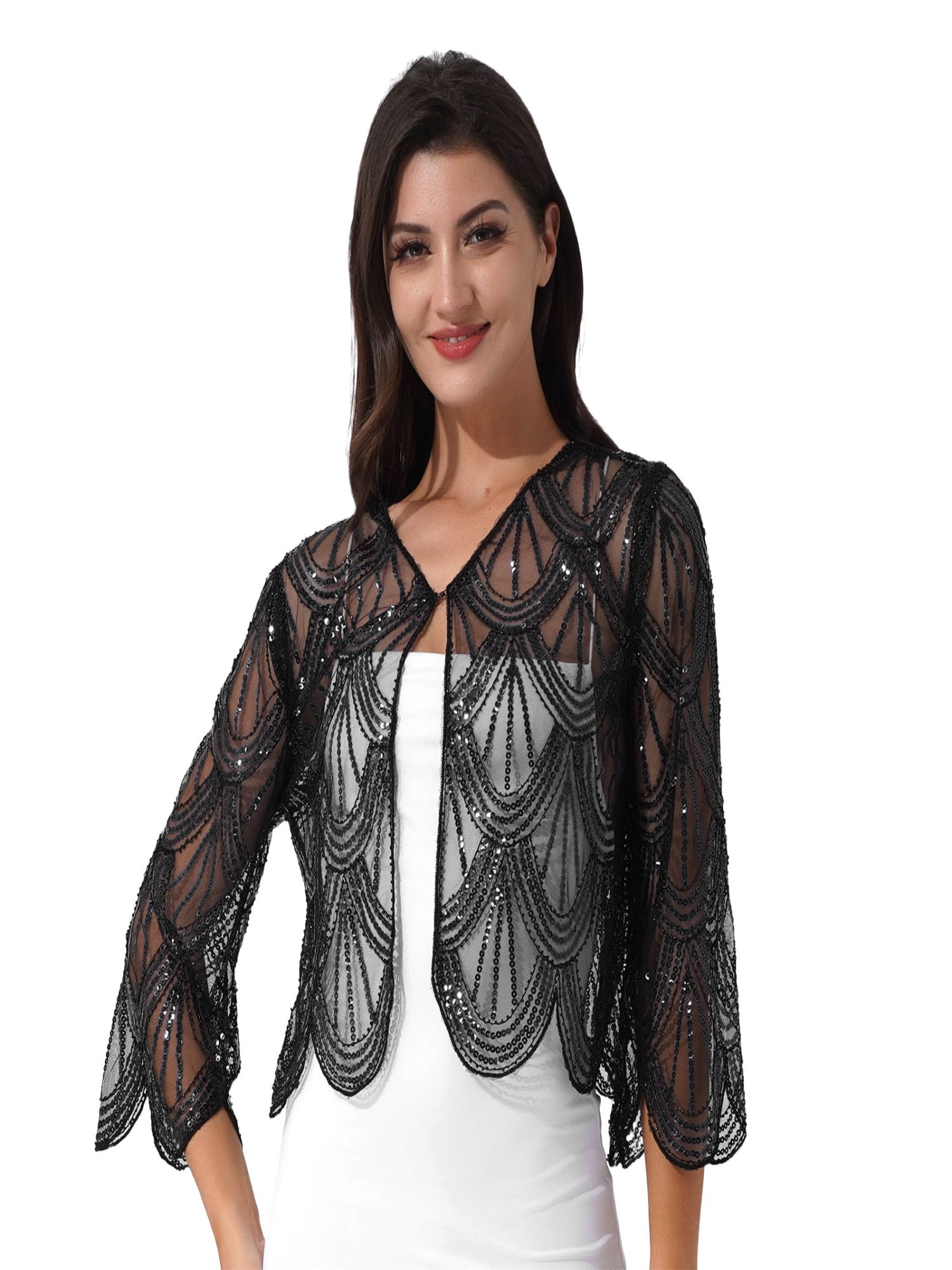 iEFiEL Womens Sequins Bolero Cardigan Wedding Evening Party Lace Shawl ...