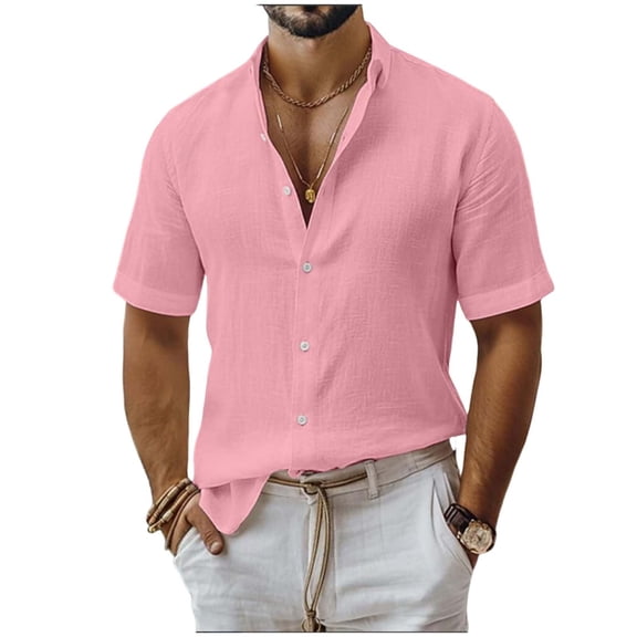 Fewfanhot Men's Big and Tall Cotton Linen Blend Solid Polo Shirt, Button-Down Short Sleeve Casual Beach Top, Breathable Summer Shirt, S-3XL