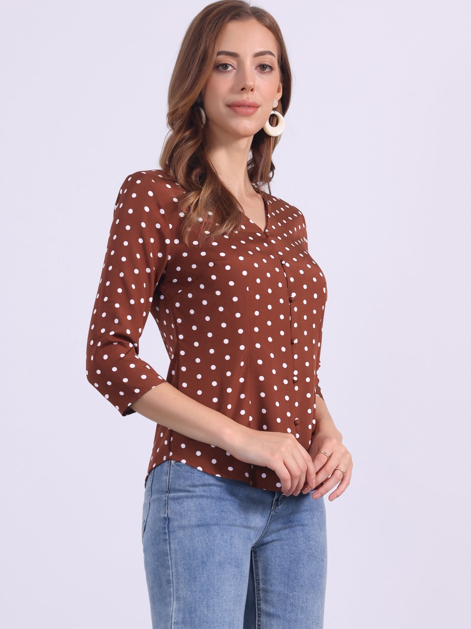 DARING DIVA Women's Polka Dots 3/4 Sleeve Button Front V Neck Blouse S Brown