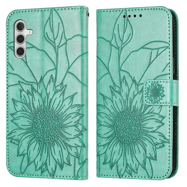 Funda tipo cartera con girasol grabado para Samsung A34 5g, multifuncional, elegante y con protección total.