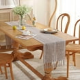 thumbnail image 4 of XINQIHANG Farmhouse Table Runner Rustic Style 13\u201c x 60\u201d, Braided Striped Linen Fall Table Runner 60 Inches Long with Tassels for Dining Room Kitchen Reading Dresser Décor,Brown, 4 of 6