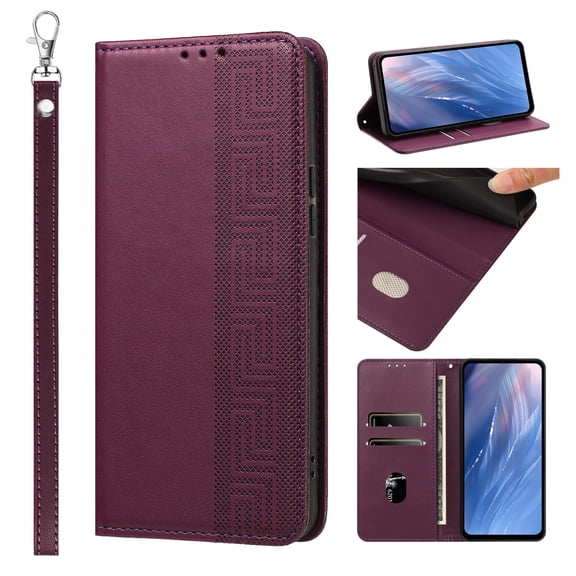 Feishell Wallet Case For Samsung Galaxy S26 Ultra, Premium PU Leather Flip Folio Cover with RFID Blocking Card Slots Cash Pocket Kickstand Wrist Strap Embossed Pattern Shockproof Phone Case,Winered