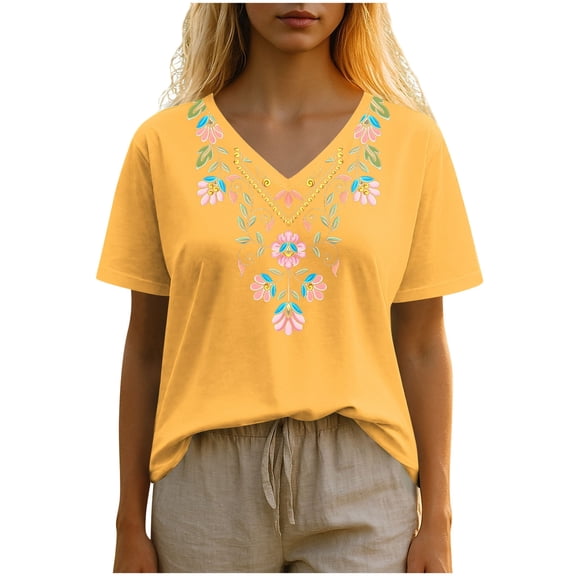 Sexlip Womens Swimsuit Set Delicate Floral Embroidery Cover Up Design V Neck Short Sleeve Casual Silhouette Breathable Fabric for Casual Beach Days Yellow M