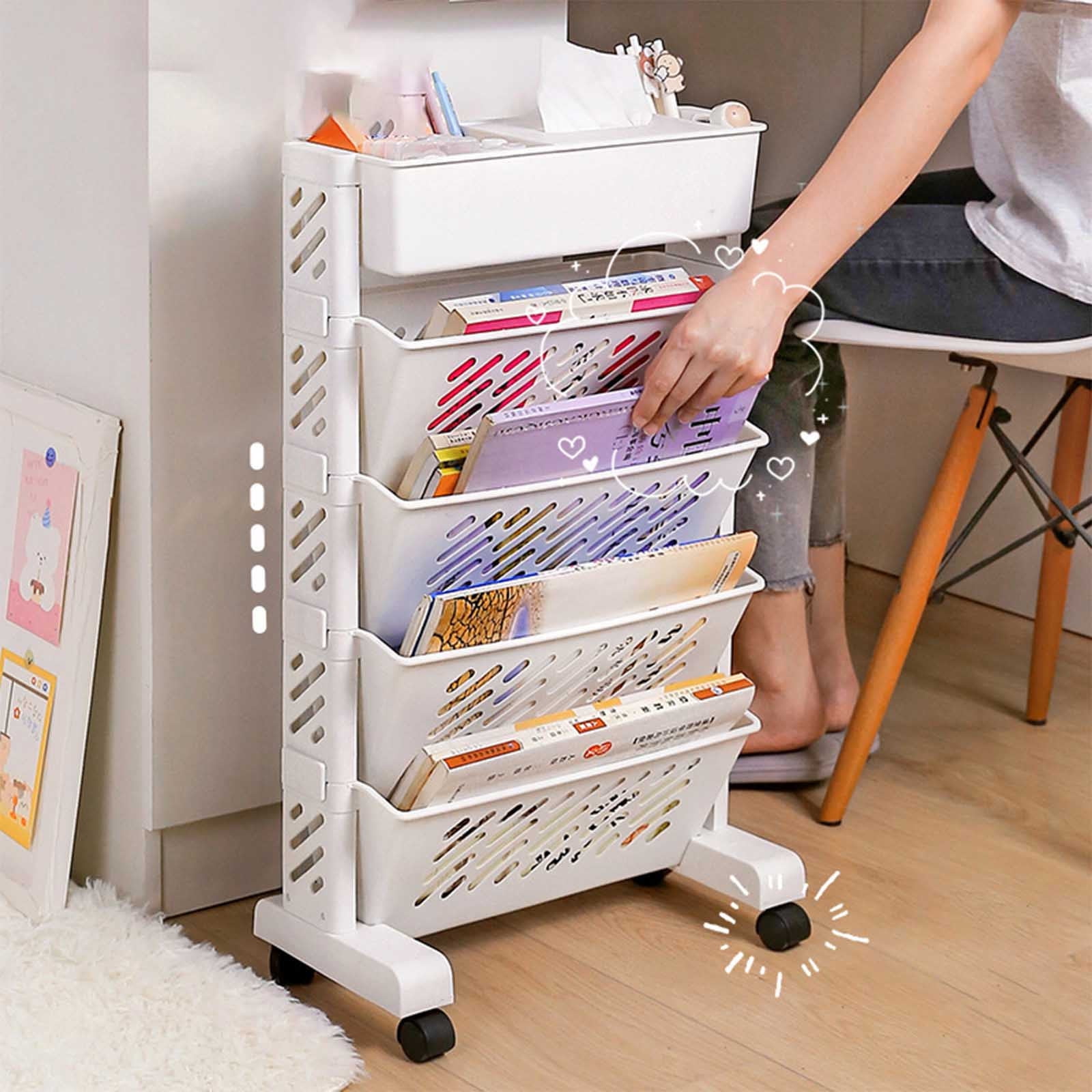 Chariot Utilitaire Roulant à 5 Niveaux, Étagères de Rangement Mobiles Multifonctionnelles, Étagère Mobile avec Roues pour Bureau d'Étude, Cuisine, Salle de Classe, Blanc