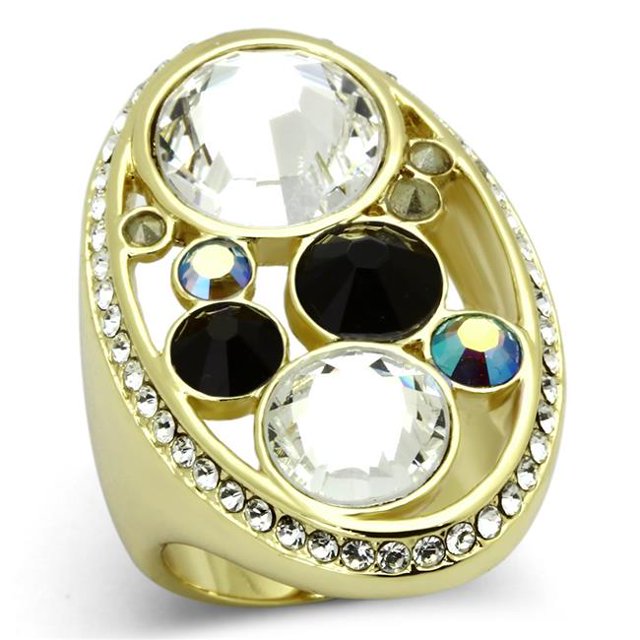 IP Gold Ion Plating Stainless Steel Ring with Top Grade Crystal, Multi Color - Size 5