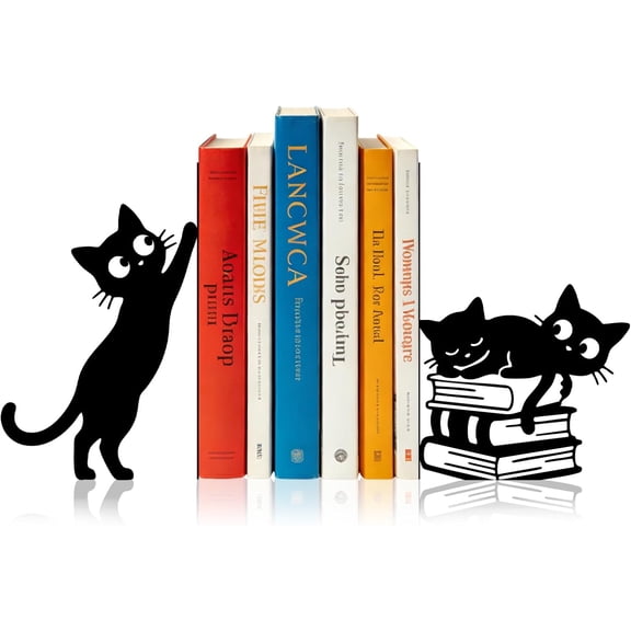 Bookends, 2 Pack, Metal, for Home Office Desk Shelves Cats Black | Whimsical Decorative Book Ends Non-Skid Book Stoppers Holder 1 Pair Gifts for Reading Enthusiasts Library Decor