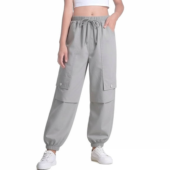 WPPGONE Teen Girls High Waisted Cargo Jogger Pants Multi Pockets Relaxed Fit Baggy Trousers Elastic Waist Drawstring Active Workout Running Outdoor Streetwear Casual Bottoms