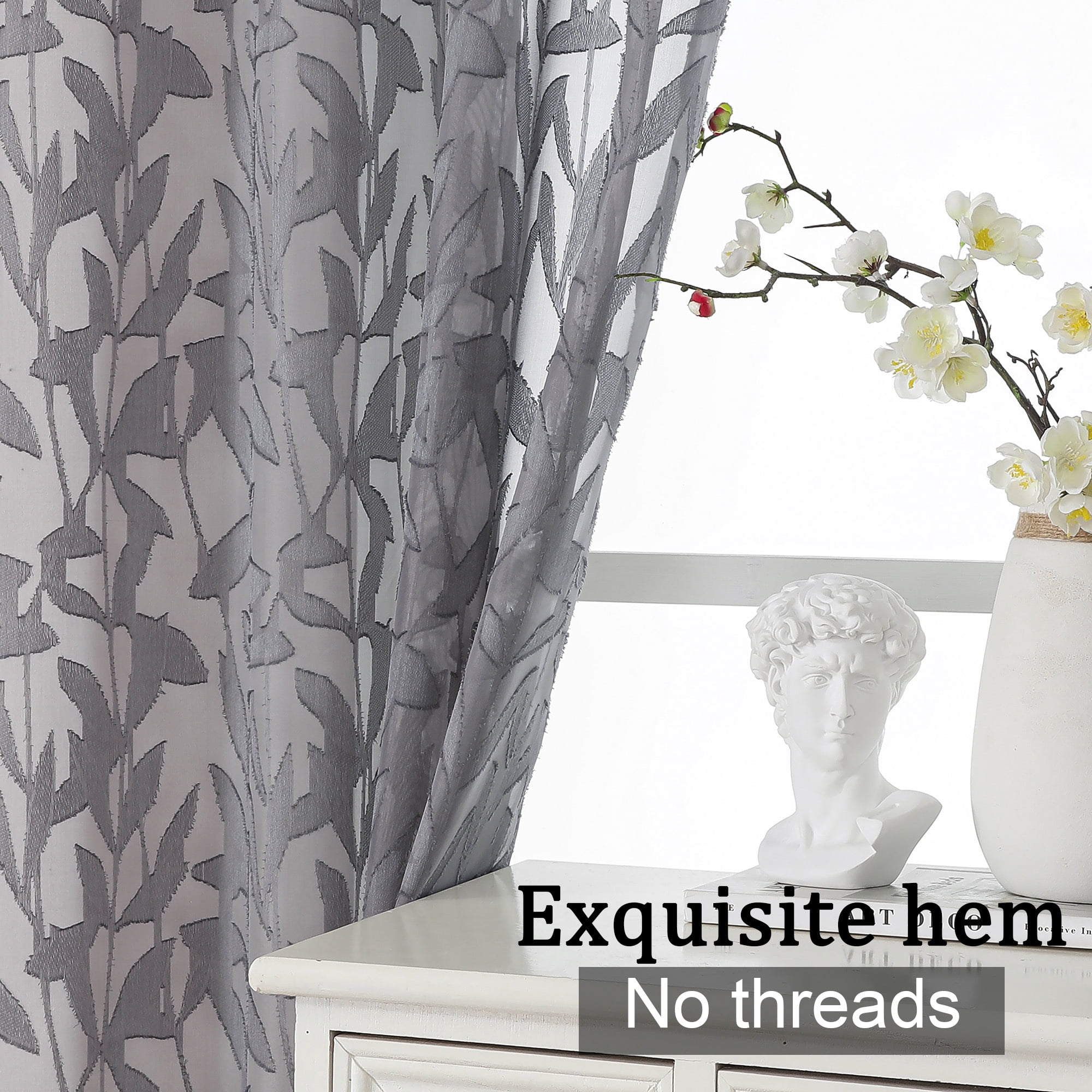 OVZME Leila Light Filtering Grey Sheer Curtains 72 Inches Long 2 Panels, Textured Jacquard Leaf Pattern Farmhouse Door Curtains for Living Room, Bedroom, Bathroom, Each 40Wx72L Inch, Grey
