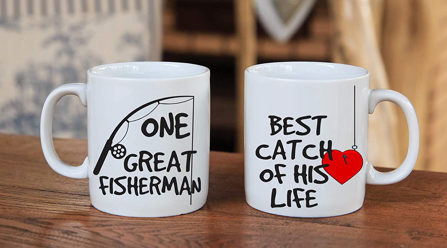 One Great Fisherman, Best Catch Of His Life Couples Mug - Funny Couple Mug  - (2) 11OZ Coffee Mug - Funny Mug Gift Set - Mugs For Husband and Wife -  Him And Her Gifts - By 