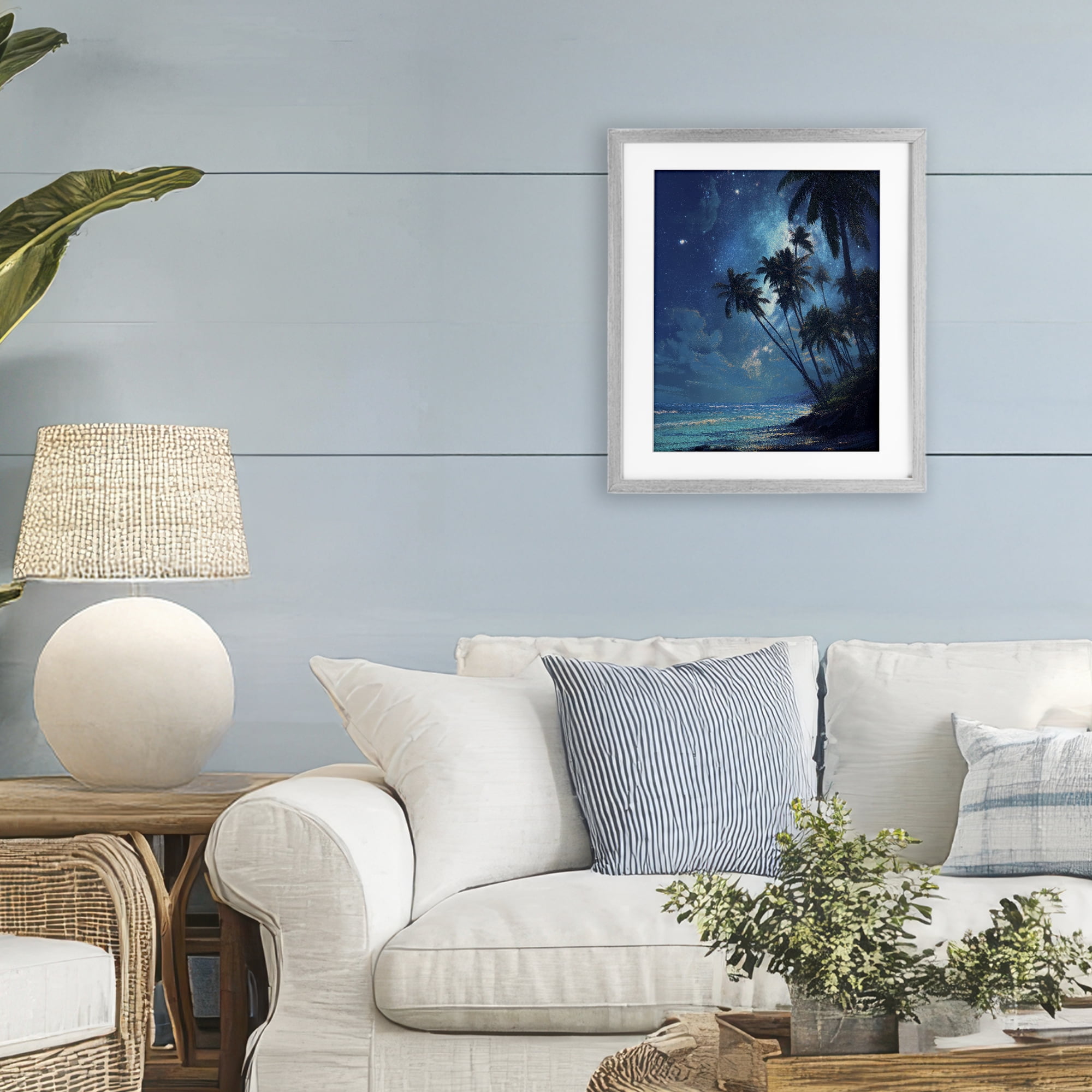 Moonlit Beach Palm Trees Gray Framed Print Under Glass, design by Ziwei Li