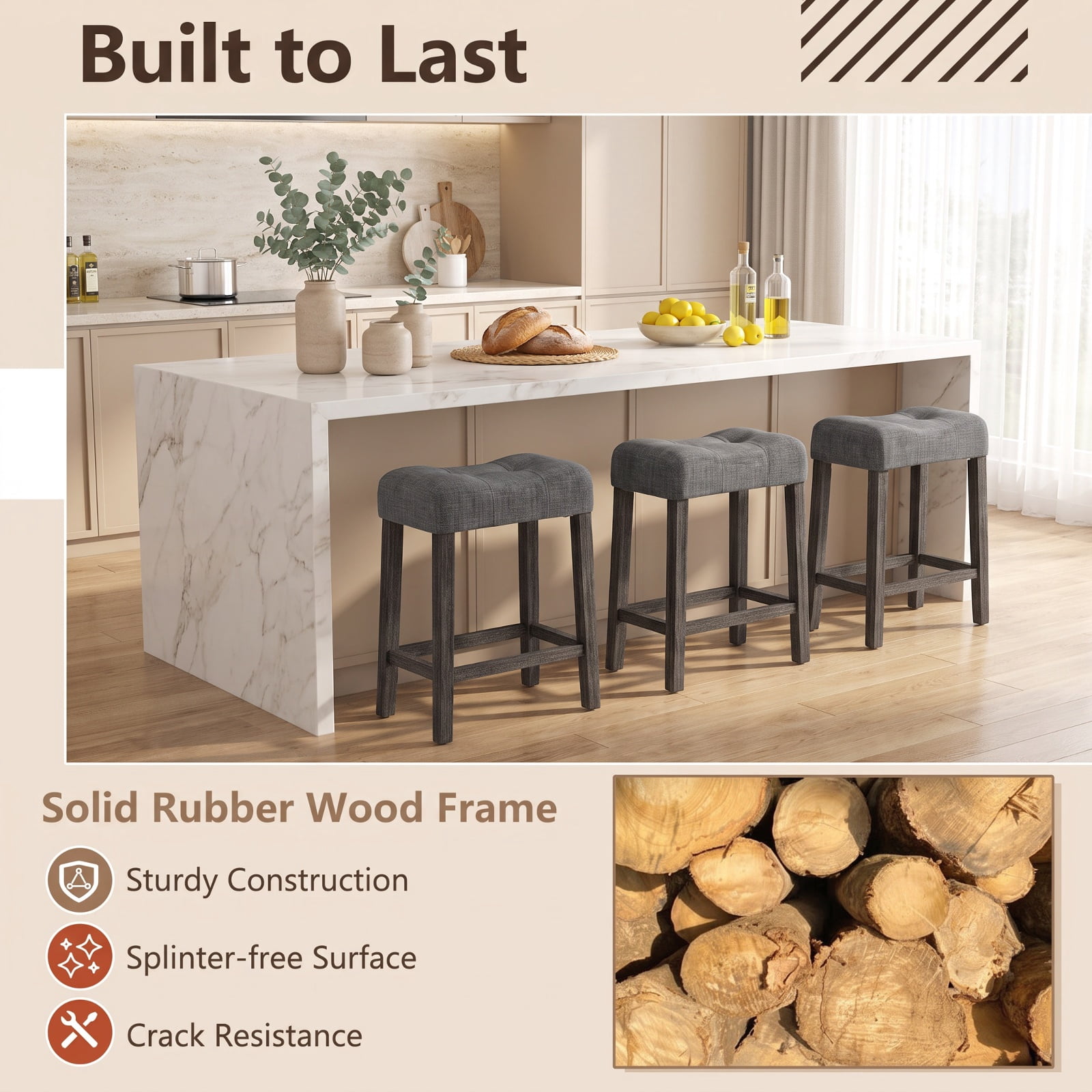 Furnibear 24 Inch Set of 2 Saddle Bar Stools with Padded Seat for Kitchen Island Counter Bar Pub Dining Home, Gray
