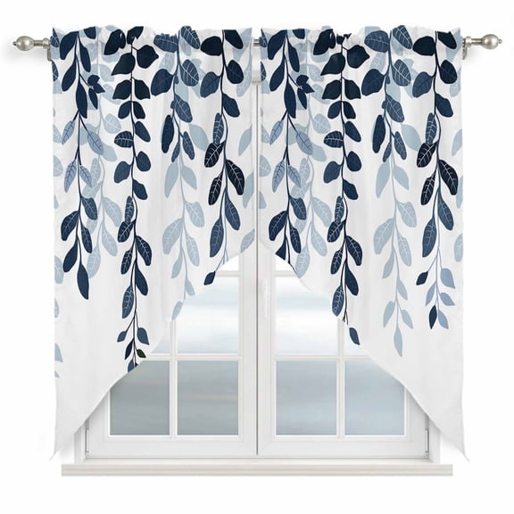 Navy Blue Ombre Botanical Kitchen Window Curtains, Swag Curtains Valance for Bedroom Living Room Bathroom, Watercolor Pastoral Leaf Rod Pocket Window Treatment Curtain Block Drapes 2 Panels 28"x36"