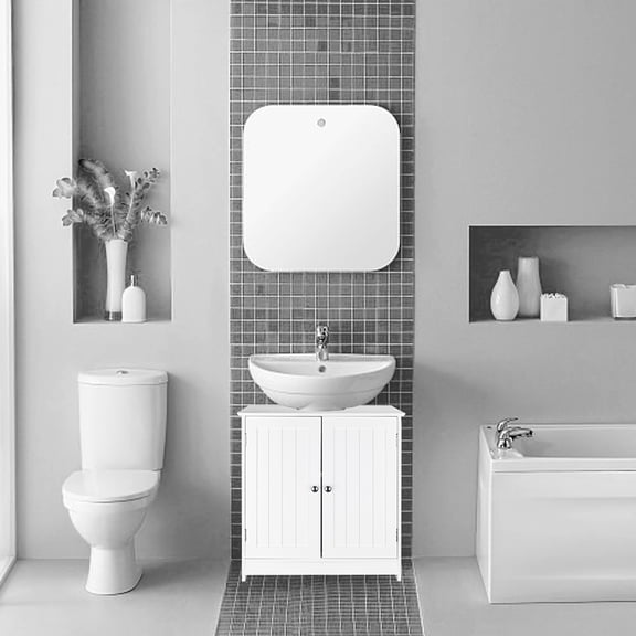 DECMAY White Bathroom Under Sink Storage Cabinet - Waterproof MDF Cabinet with Slatted Doors & Internal Shelves, Space-Saving Bathroom Organizer, 23.6"×11.4"×23.6"