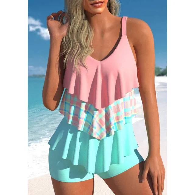 Women‘s New Summer Two-piece Set with Three-layer Ruffle Edge Printed Sexy Lace Up Casual Beach Swimsuit S-6XL