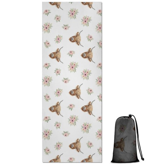 White Highland Cow Flower Pattern Hot Yoga Mat Towel Non Slip for Hot Yoga - Quick-Drying Yoga Mat Cover with 4 Corner Pockets with Travel Bag - Hot Yoga Towel Non Slip 70"x26"