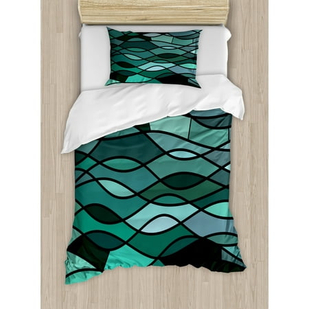 Teal Duvet Cover Set Abstract Mosaic Waves Ocean Inspired