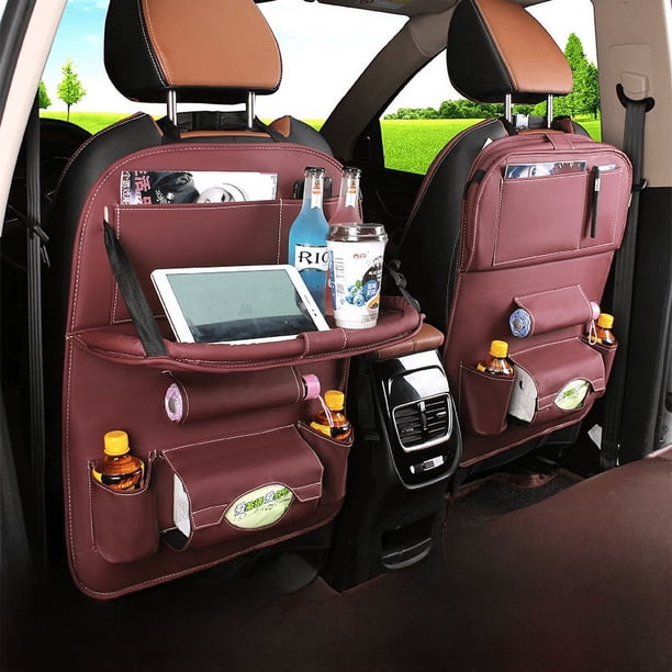 Bolsa de almacenamiento de cuero para asiento de automóvil, bolsa de almacenamiento multifuncional para mesa de comedor plegable para automóvil, suministros para el interior del automóvil