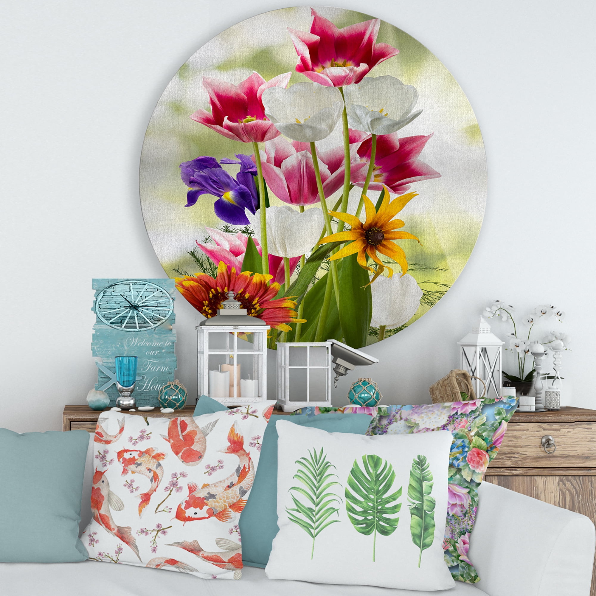 Designart 'Vibrant Purple Red and Yellow Wildflowers' Traditional Circle Metal Wall Art 29x29 - Disc of 29