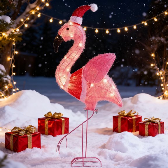 Joyfy 3 FT Flamingo Yard Light Christmas Outdoor Decorations,30 Pre-Lit LED Christmas Decorations,Christmas Yard Light with Stakes Decorations Outdoor Holiday Decor