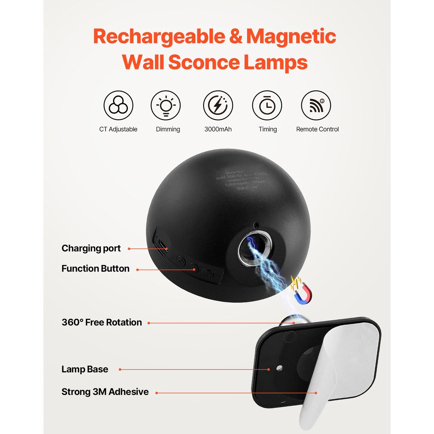 2-Pack LED Wall Sconces Rechargeable 3000mAh, Adjustable Color Temp Brightness Remote Control, 360° Rotation Magnetic Ball Wall Light