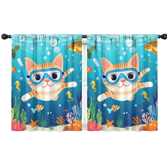 Blackout Kids Curtains,Cat Snorkeling Underwater Childrens Insulated Curtains Set Of 2,Bedroom Essentials,Toddler Room Decor 42x54in(106x137cm)