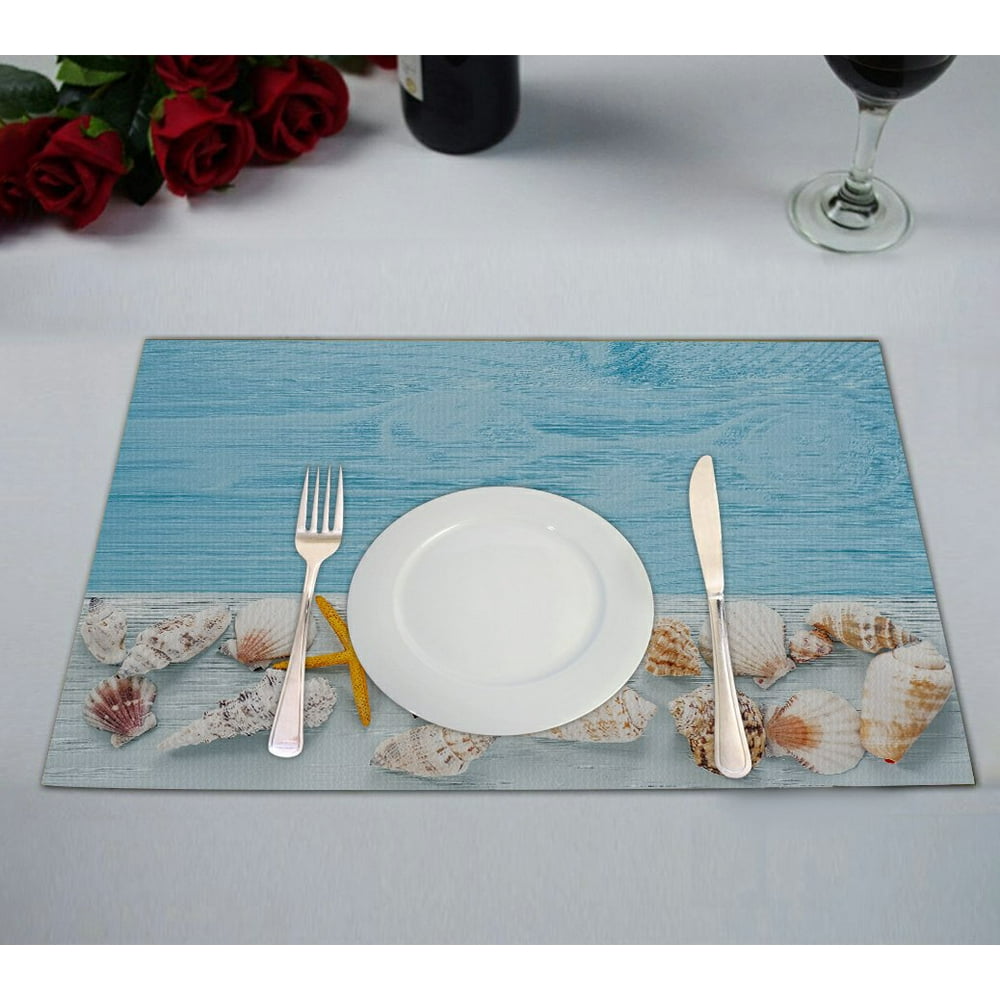 GCKG Ocean Beach Theme Placemat, Starfish and Seashells on Blue Wooden