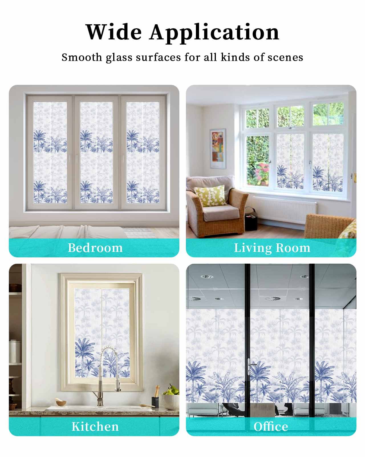 Window Privacy Film, Blue Tropical Palm Tree UV Sun Blocking Window Tint Film Heat Control One Way Blackout Window Film, Summer Botanical Monstera Plants Non Adhesive Static Cling Sticker 29.5x118 In