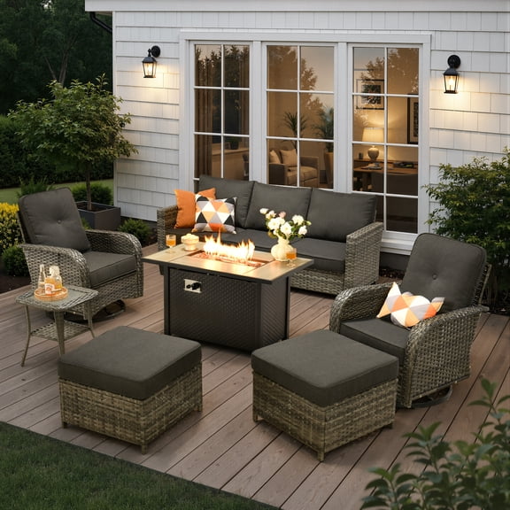 Ovios 7 Pieces Patio Furniture Set Outdoor Conversation All-Weather Rattan Sectional Sofa with Fire Pit Table & Swivel Chairs