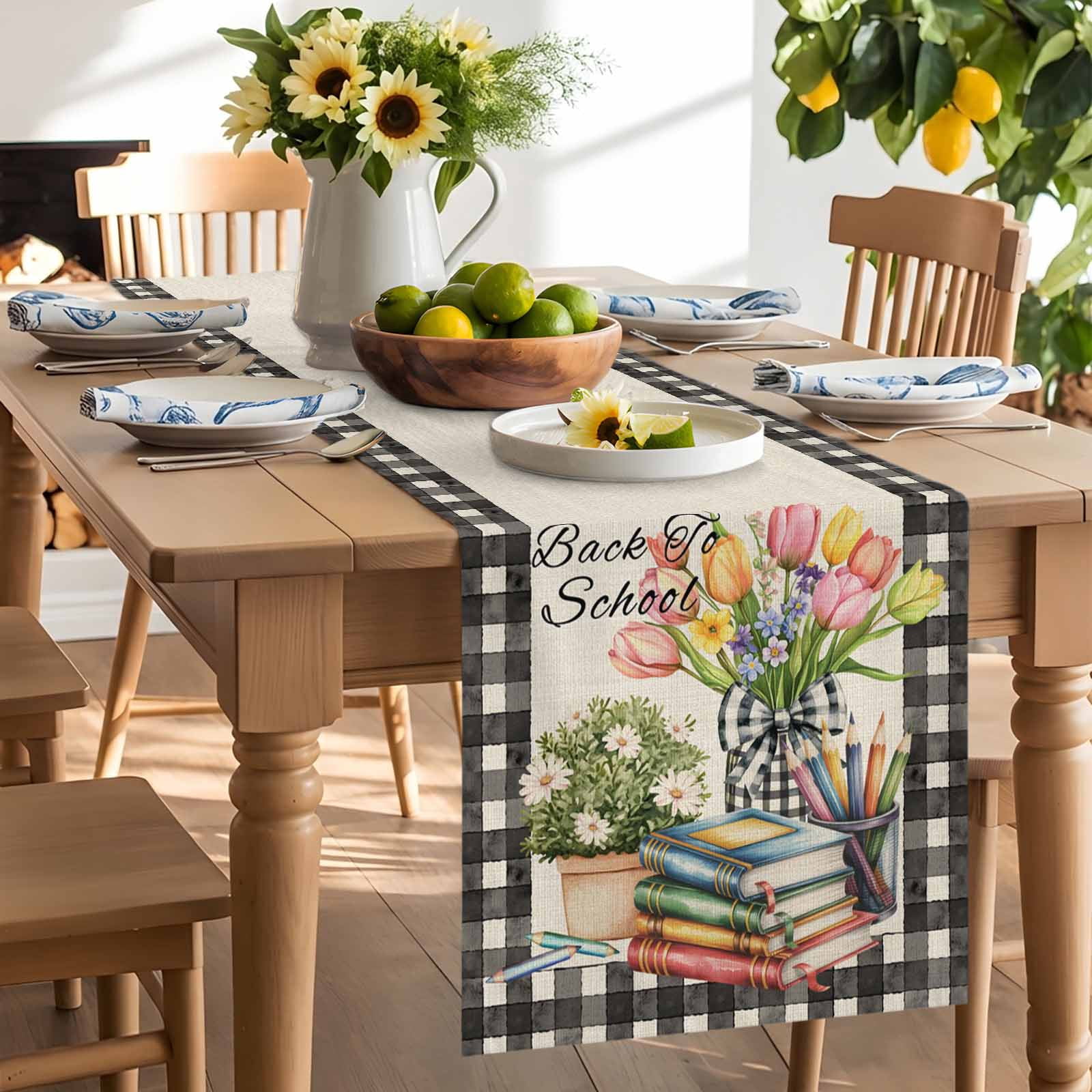 Retro Books Pencils Potted Plants Table Runner 90 Inches Long, Black Plaid on Linen Table Runners Tabletop Scarf Kitchen Dining Tables Decoration for Home Party Indoor Outdoor