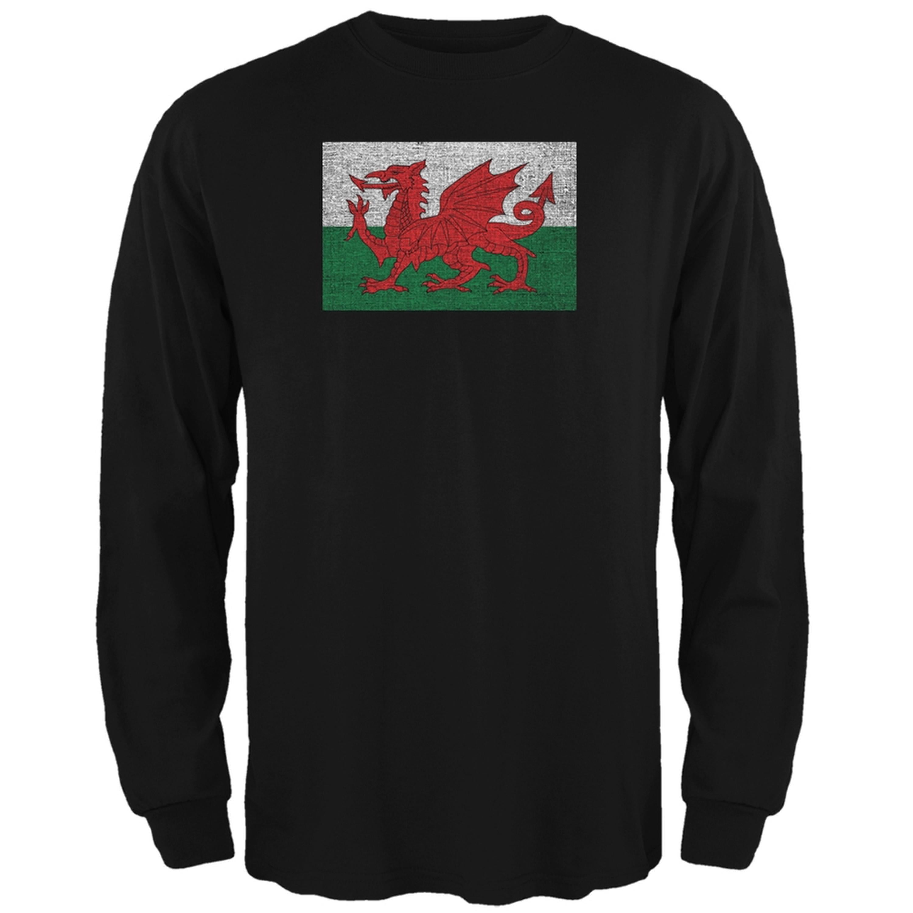 Welsh Flag Distressed Black Adult Long Sleeve T-Shirt