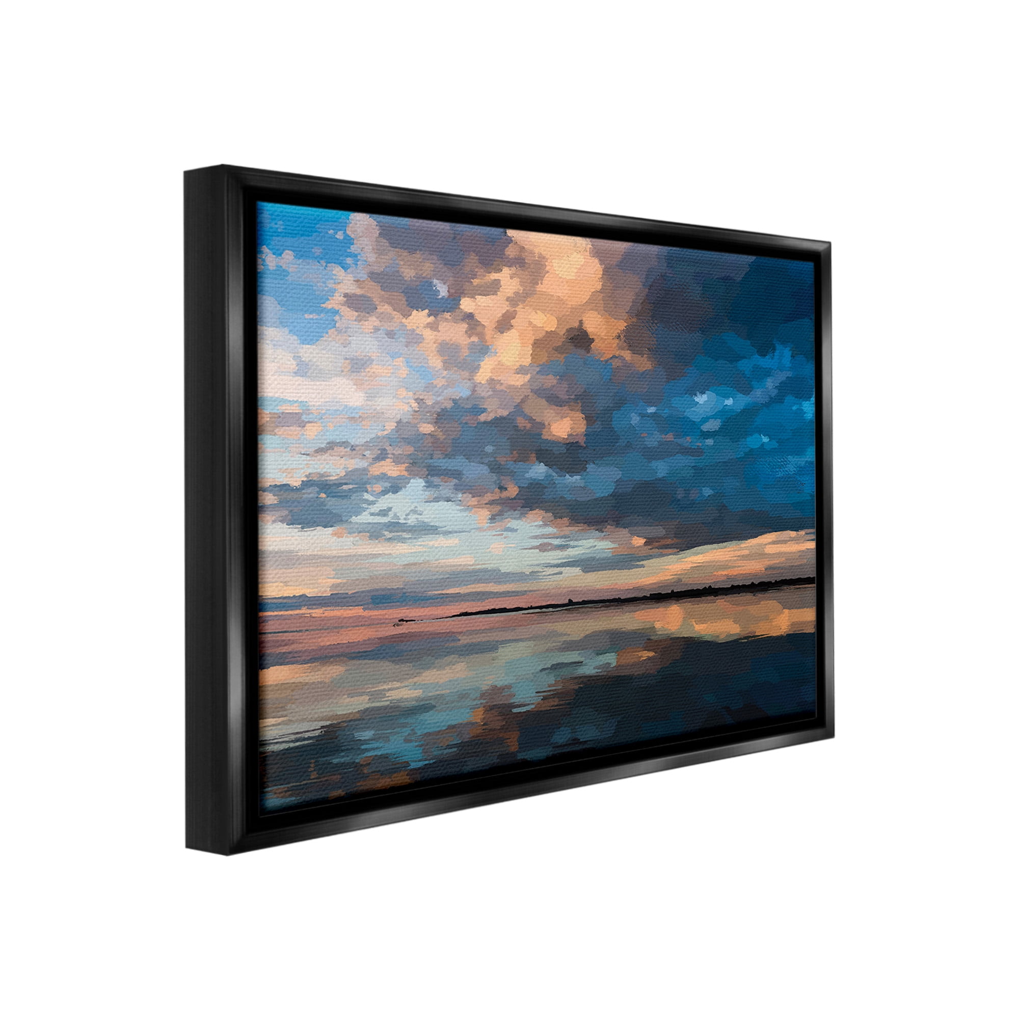 Stupell Industries Clouds & Sunset Reflection Landscape Painting Black Floater Framed Canvas Art Print Wall Art, 21 x 17